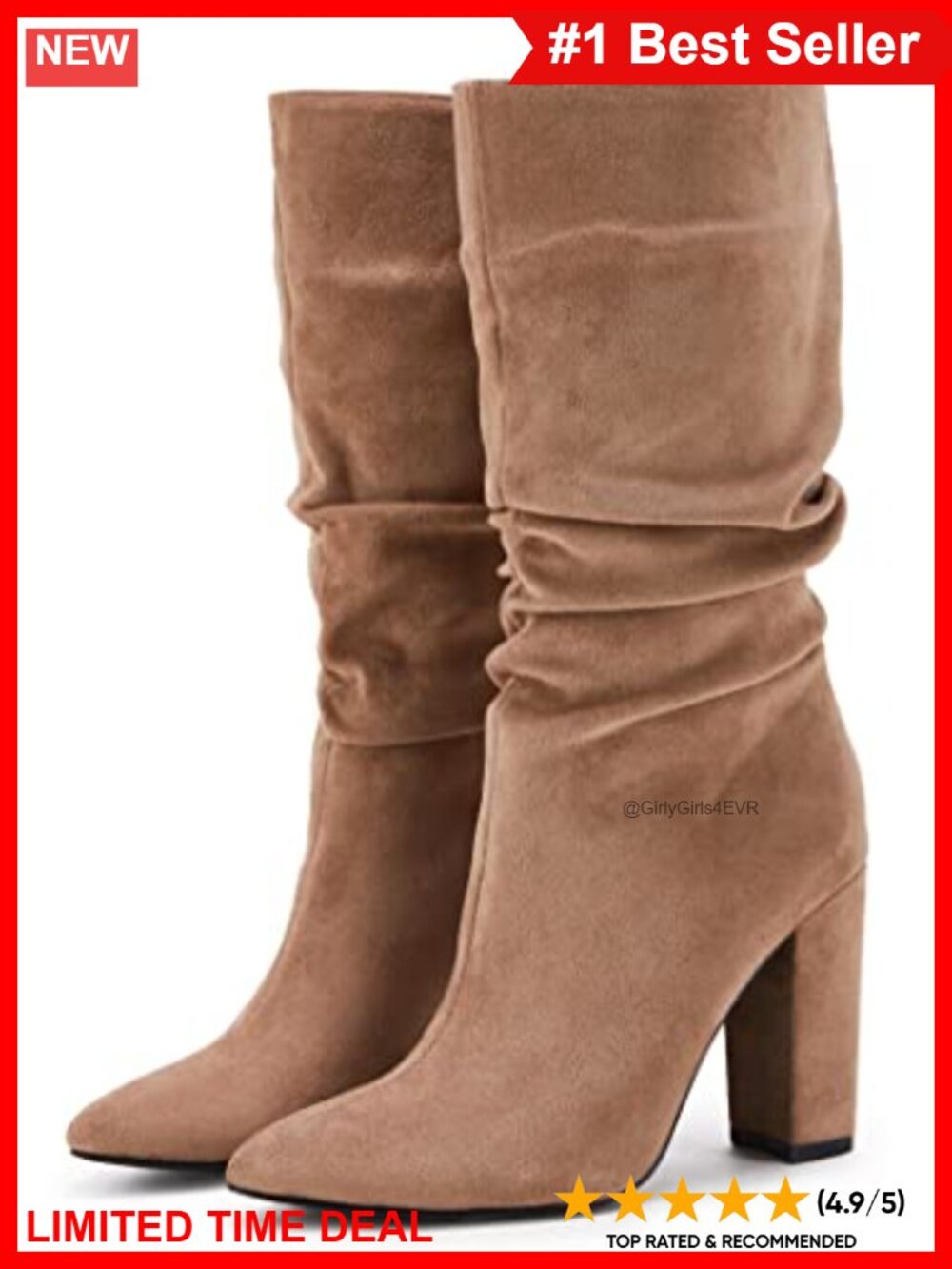Faux Suede Slouchy Mid Calf Block Heel Boots Pointed Toe